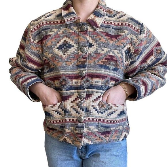 Vintage Womens 90s Tan Trums Geometric Southwestern Boho Aztec Cropped Jacket - Picture 8 of 9